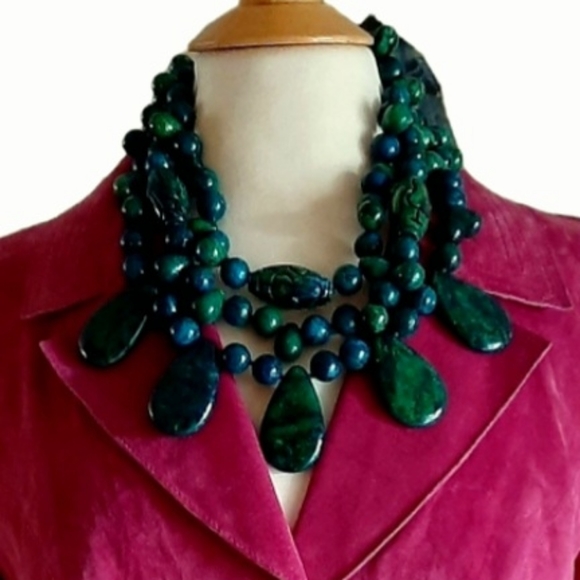 Azurite Malachite Chrysocolla Cabochon Tiered Beaded Statement Necklace - Picture 9 of 10